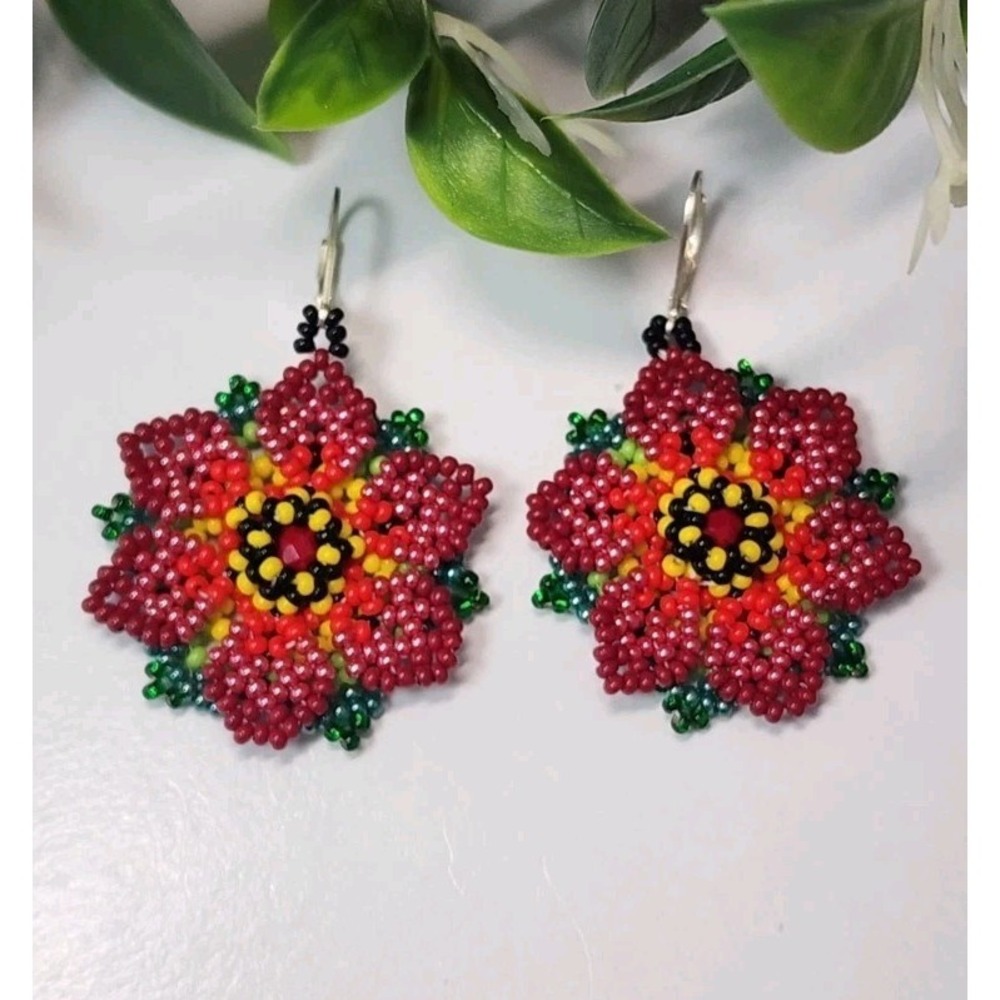 Wine Color Beaded Sunflower  Earrings,   Summer EARRING